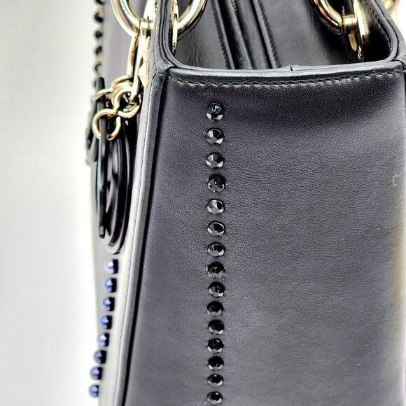 CHRISTIAN DIOR Black Leather Studs Embellished Medium Lady Dior Tote RARE - Picture 7 of 17